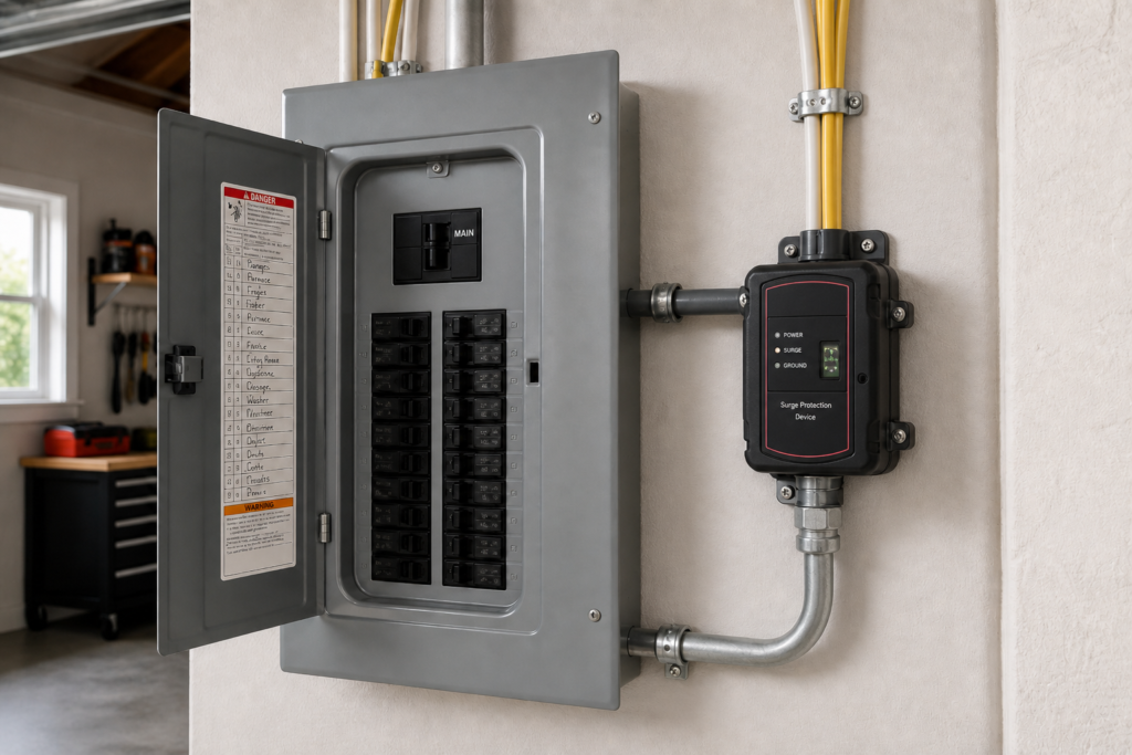 Whole house surge protector installed next to a home electrical panel.