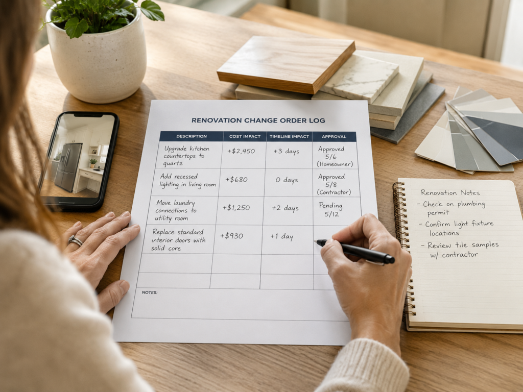 Homeowner filling out a renovation change order log with cost and timeline notes.