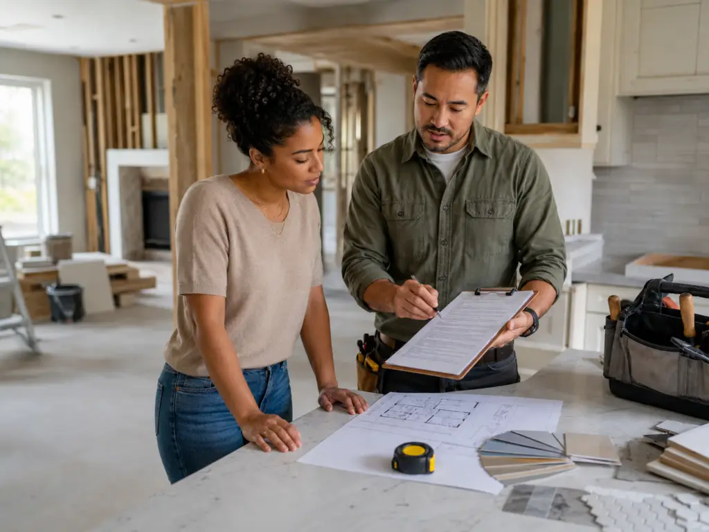 Contractor reviewing renovation plans with a homeowner in a kitchen under construction