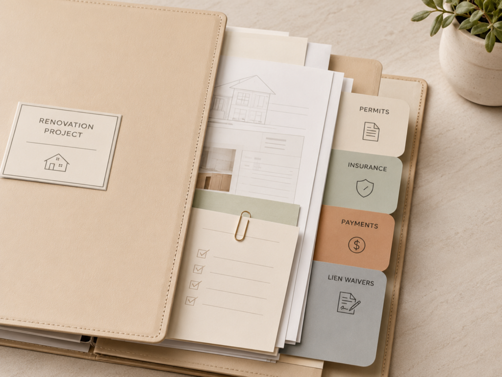 Organized renovation project folder with permits, insurance, payments, and lien waiver sections.