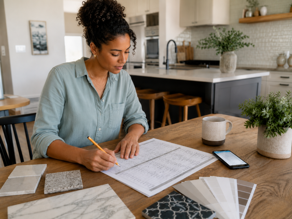 Home renovation project scope worksheet with tile samples and notes on a kitchen table.