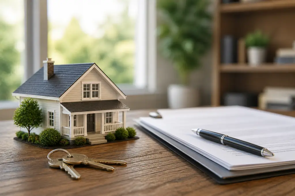 Miniature house, keys, and home ownership documents on a desk representing types of home ownership.