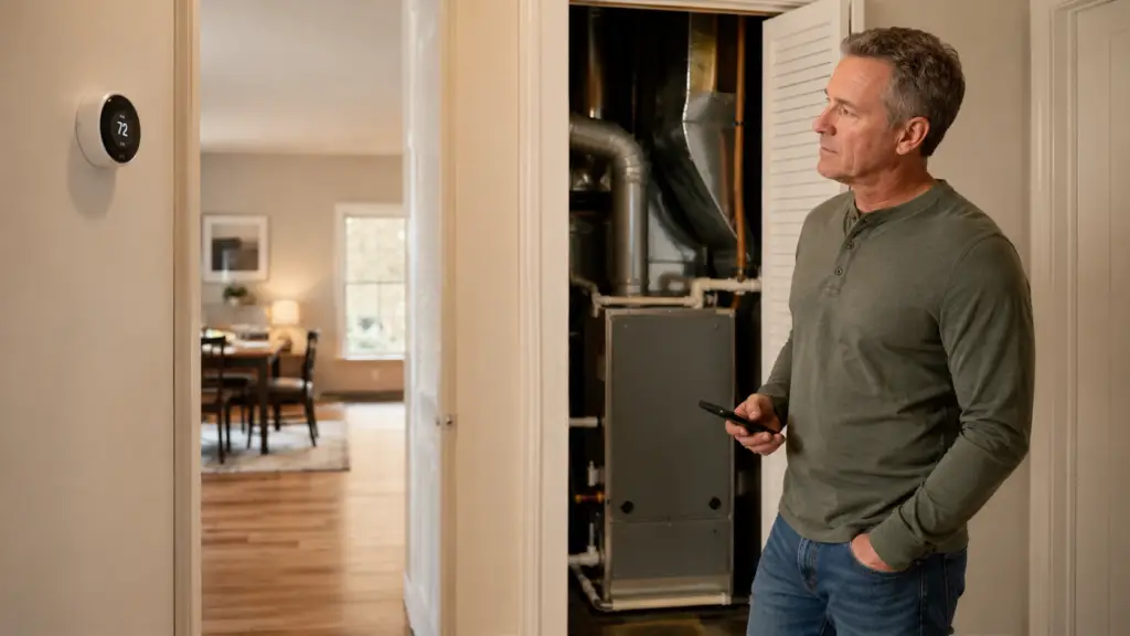 Homeowner standing near a furnace and thermostat while checking HVAC system conditions before deciding whether to repair or replace.