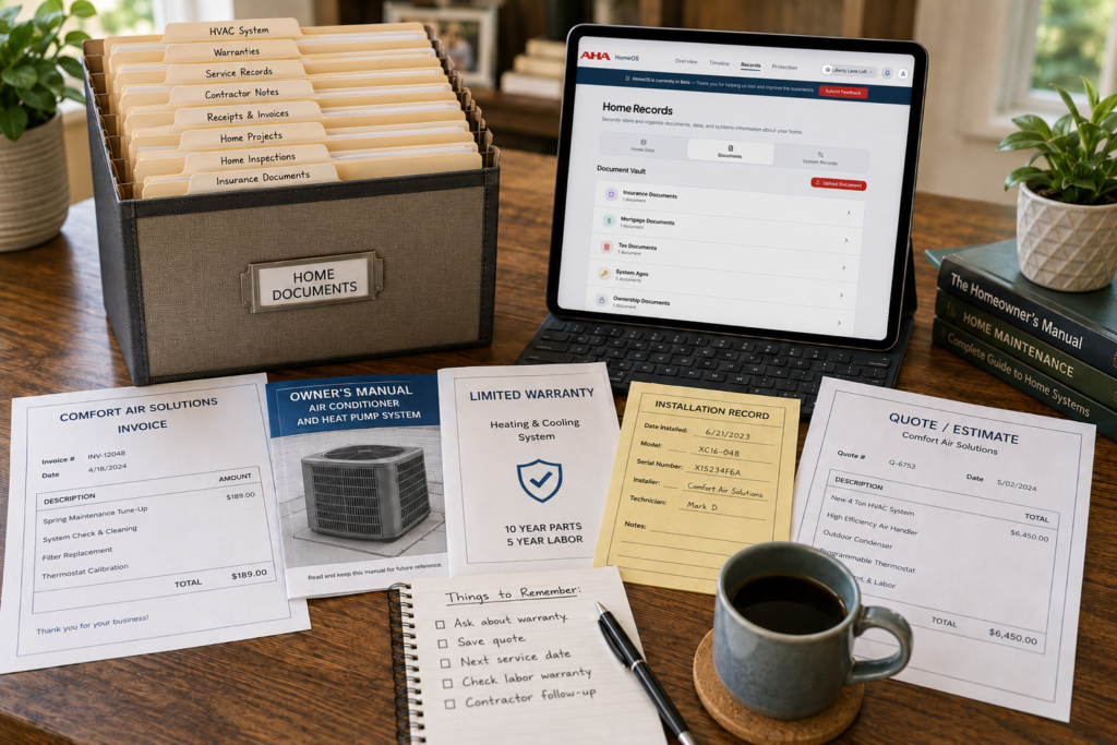 Organized home maintenance records, warranties, and contractor notes for an HVAC system.