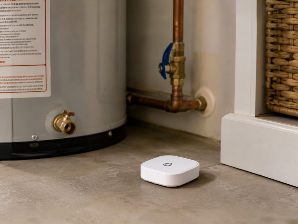 Small smart water leak detector placed near a water heater.