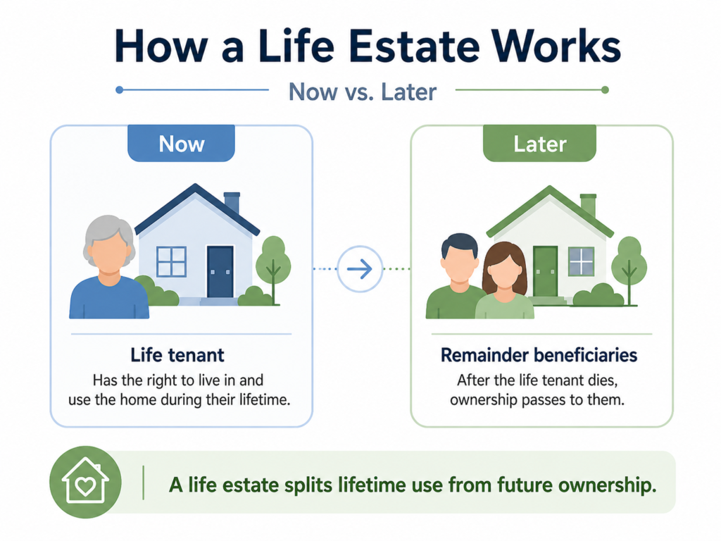 Timeline graphic showing how a life estate works, with lifetime use followed by transfer to future beneficiaries.