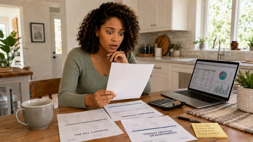 Homeowner reviewing a mortgage statement, property tax bill, and insurance renewal after a monthly payment increase.