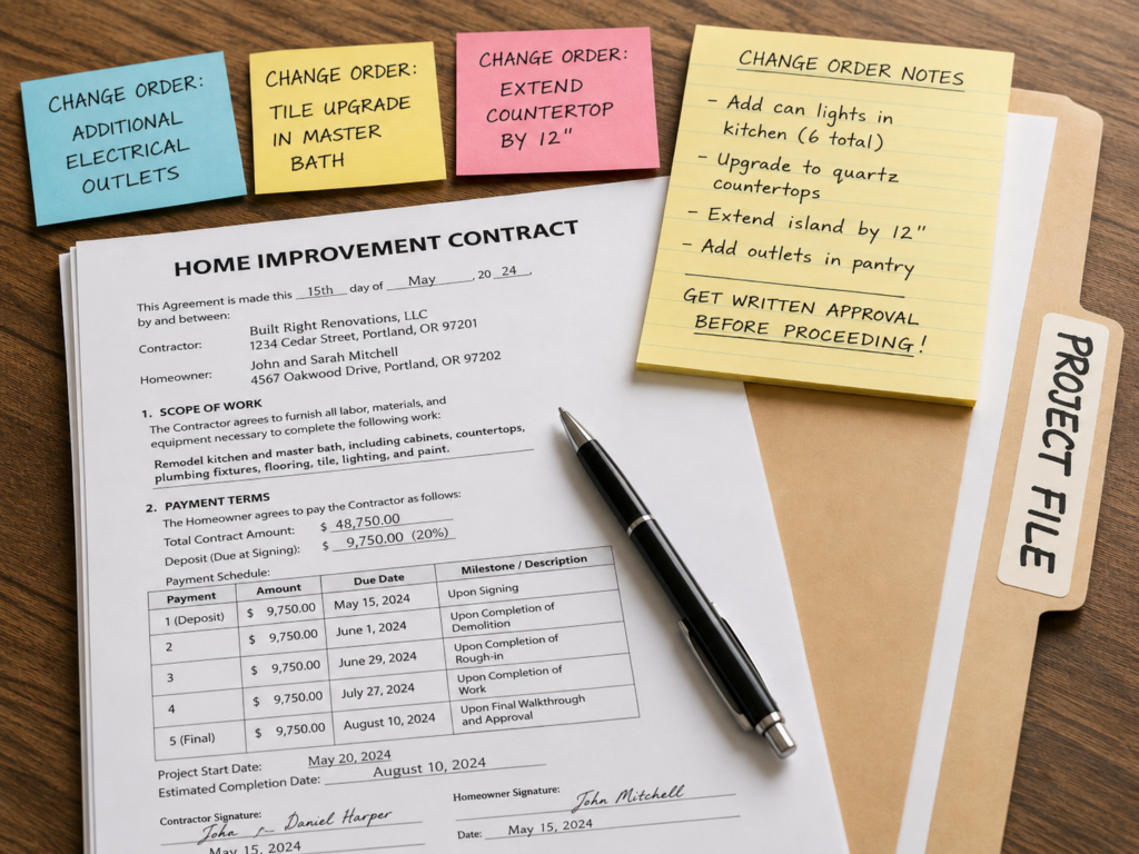 Home improvement contract, payment schedule, and notes organized in a project file.