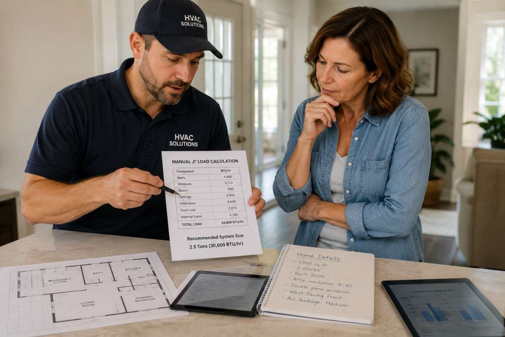 HVAC professional reviewing home details with a homeowner to properly size a replacement system.