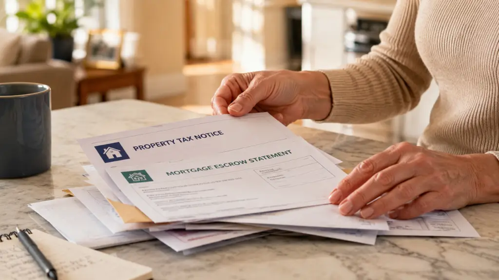 Homeowner sorting mail with a property tax notice on top of the pile.
