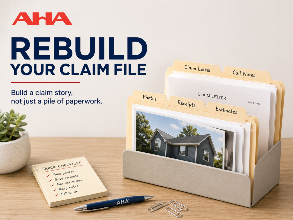 Organized home insurance claim file with folders for photos, receipts, estimates, and call notes.