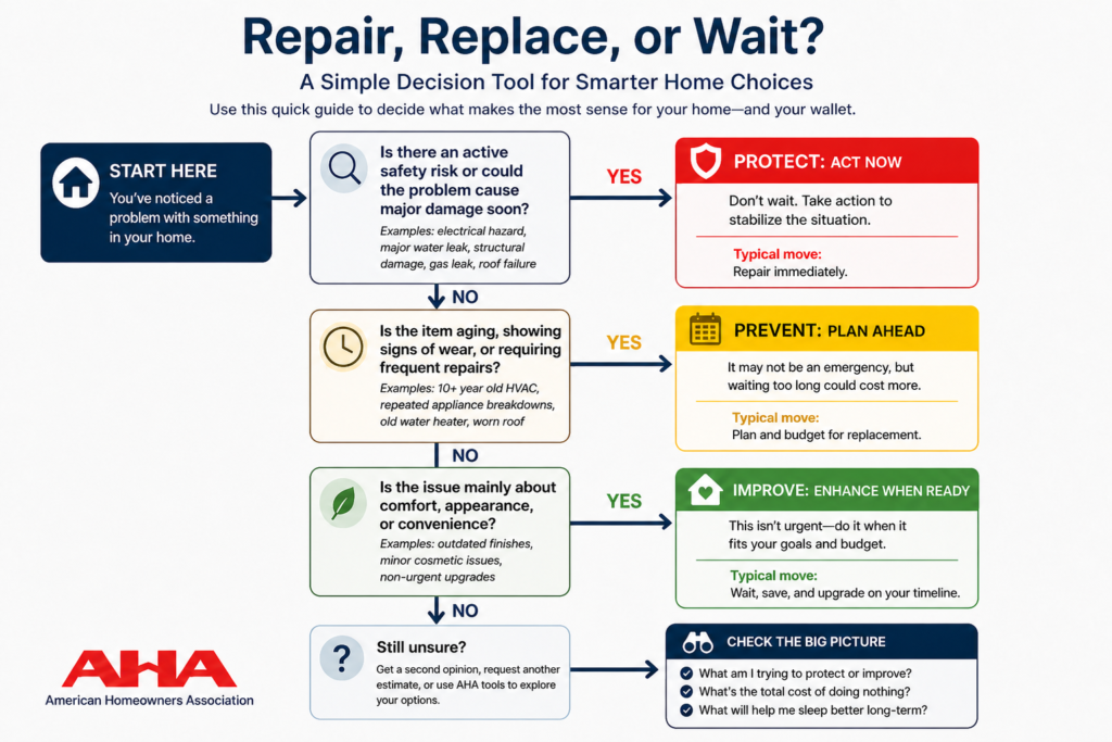 Repair vs replace decision flowchart showing when to fix, replace, or wait.