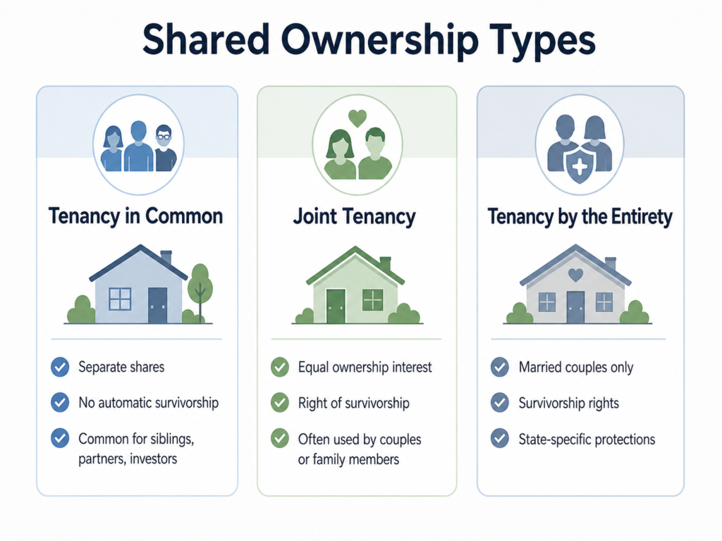 Comparison graphic showing tenancy in common, joint tenancy, and tenancy by the entirety.