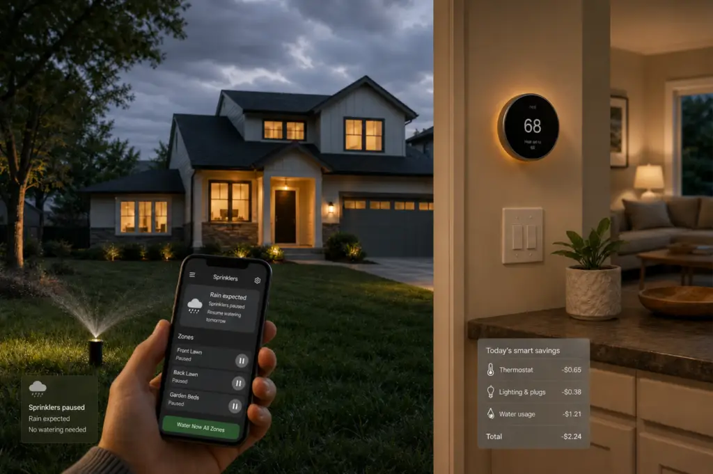 A smartphone app pauses lawn sprinklers because rain is expected, with a smart thermostat and savings summary shown inside a warmly lit home.