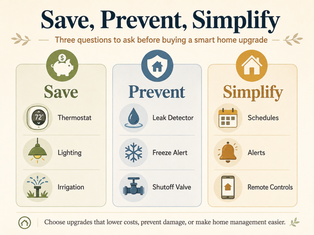 Graphic showing three questions homeowners can ask before buying smart home upgrades: save, prevent, or simplify.
