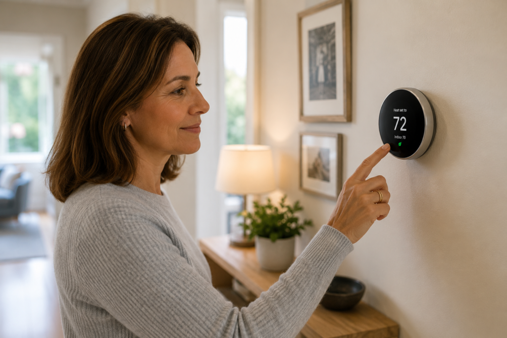 Homeowner adjusting a smart thermostat in a home hallway.