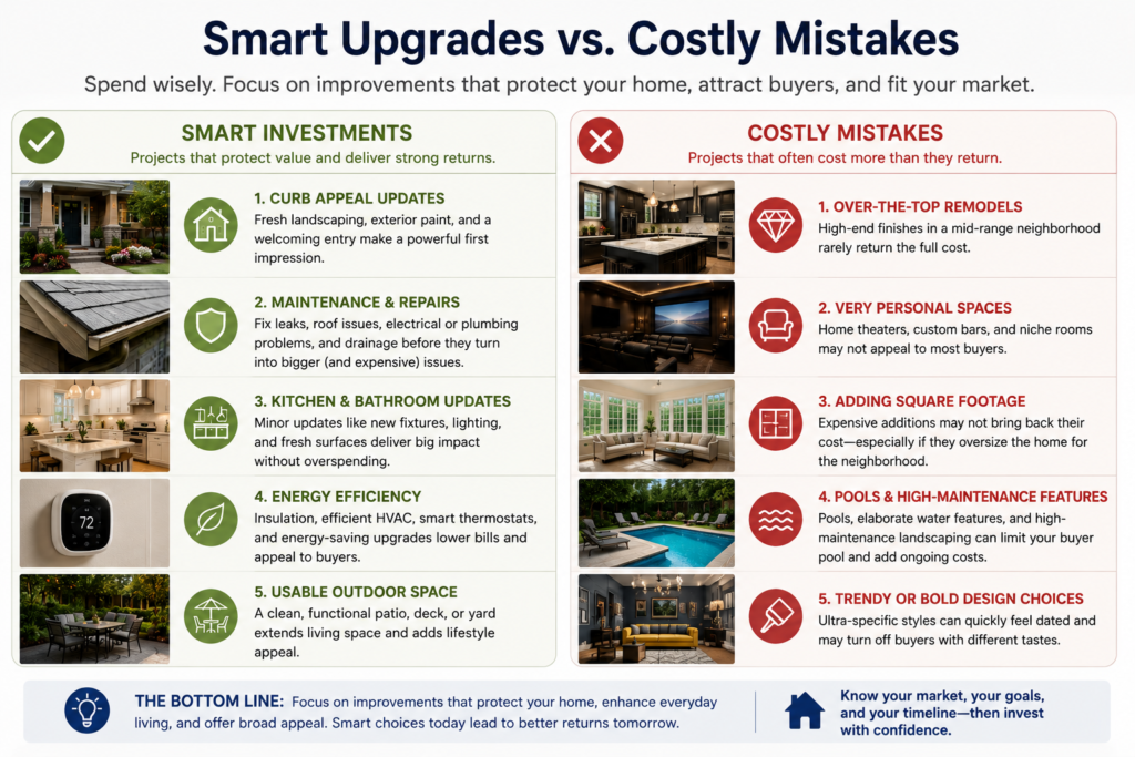 Smart home upgrades compared with costly renovation mistakes that can affect home value and resale appeal.