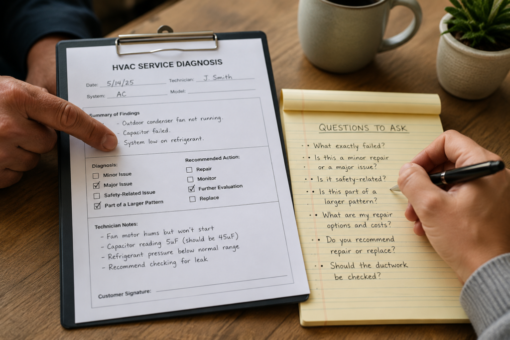 HVAC service diagnosis and homeowner notes showing questions to ask before approving a replacement.