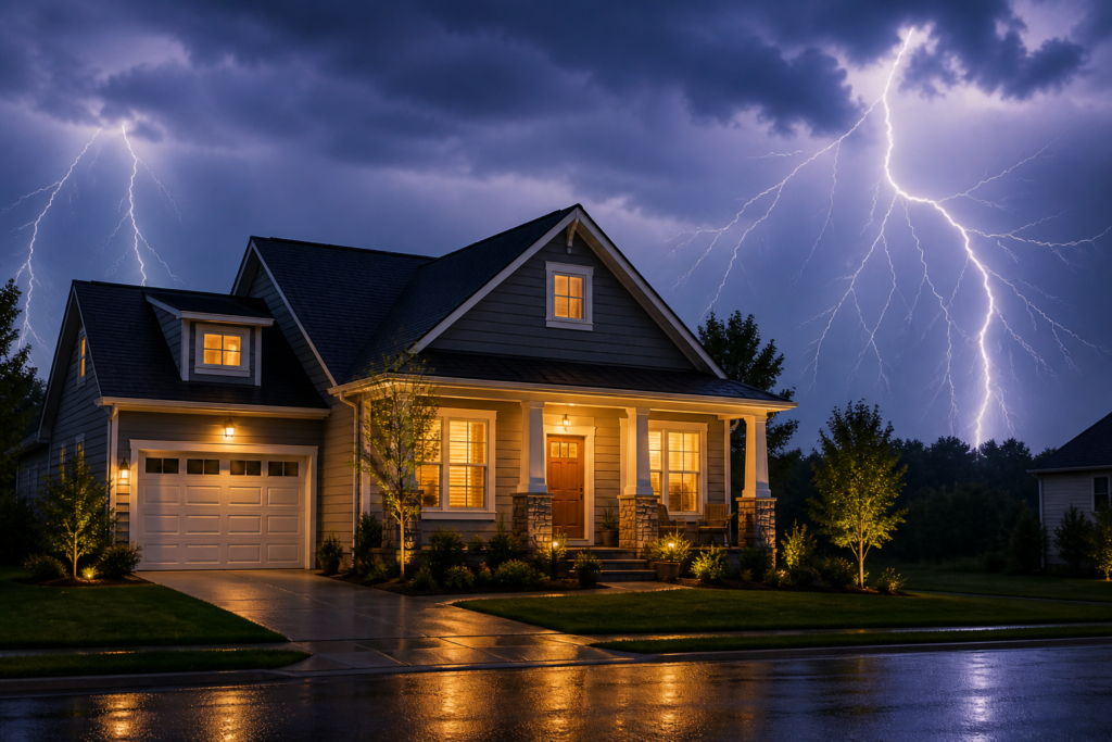 Suburban home during a lightning storm illustrating whole house surge protector protection for appliances and electronics.