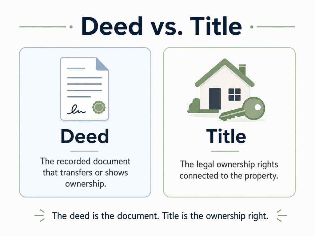 Side-by-side graphic explaining the difference between a deed and title in home ownership.