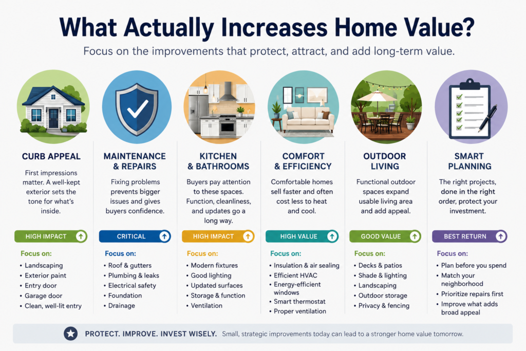 Home value improvement priorities showing curb appeal, maintenance, kitchens, energy efficiency, outdoor living, and smart planning.