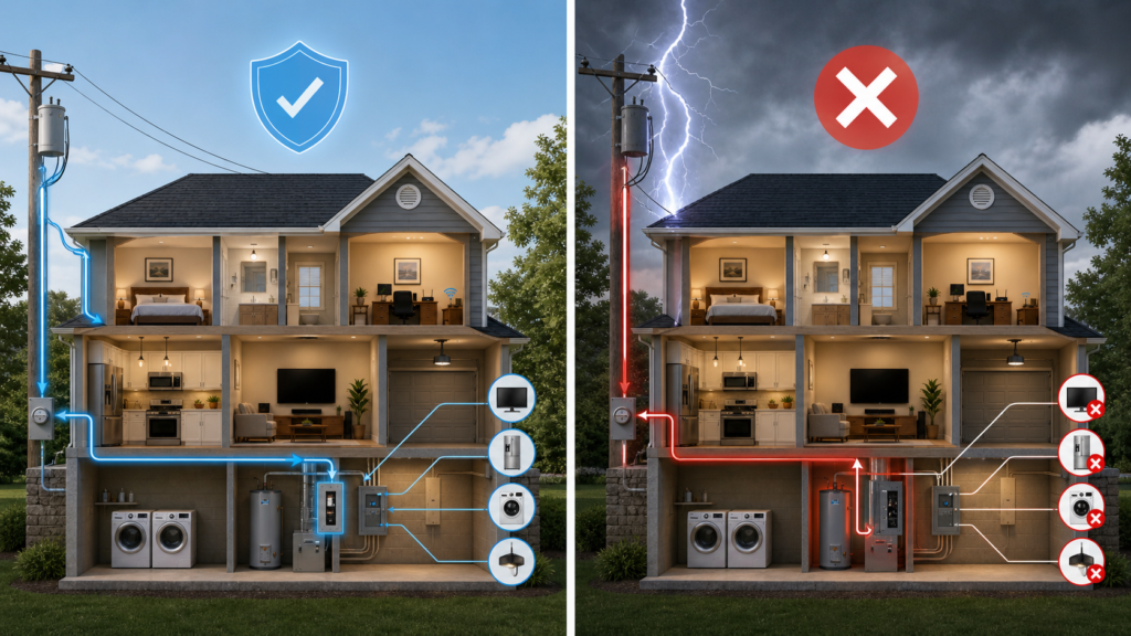 Illustration explaining that a whole house surge protector helps with common power surges but does not guarantee protection from direct lightning strikes.
