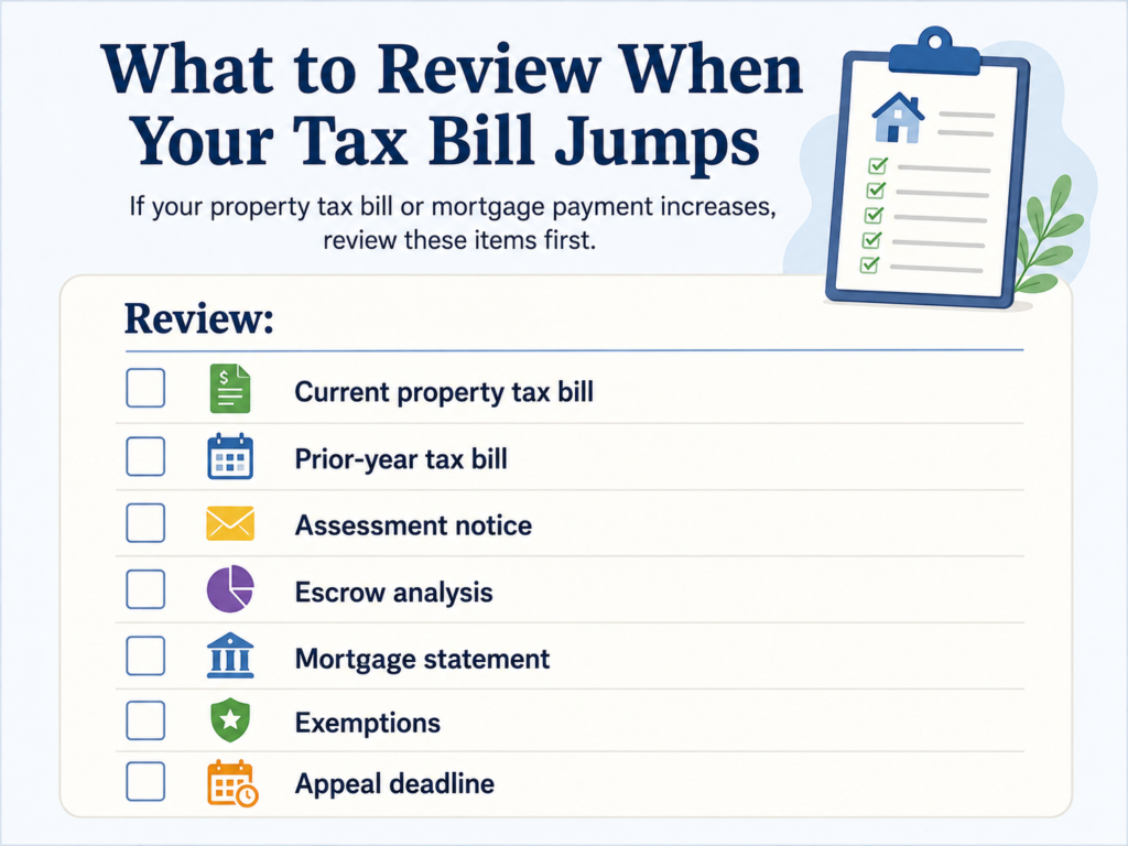 Checklist of documents homeowners should review when their property tax bill or mortgage payment increases.