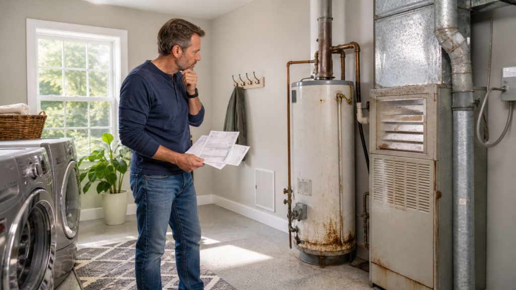 Homeowner reviewing replacement estimates beside aging HVAC and water heater equipment.