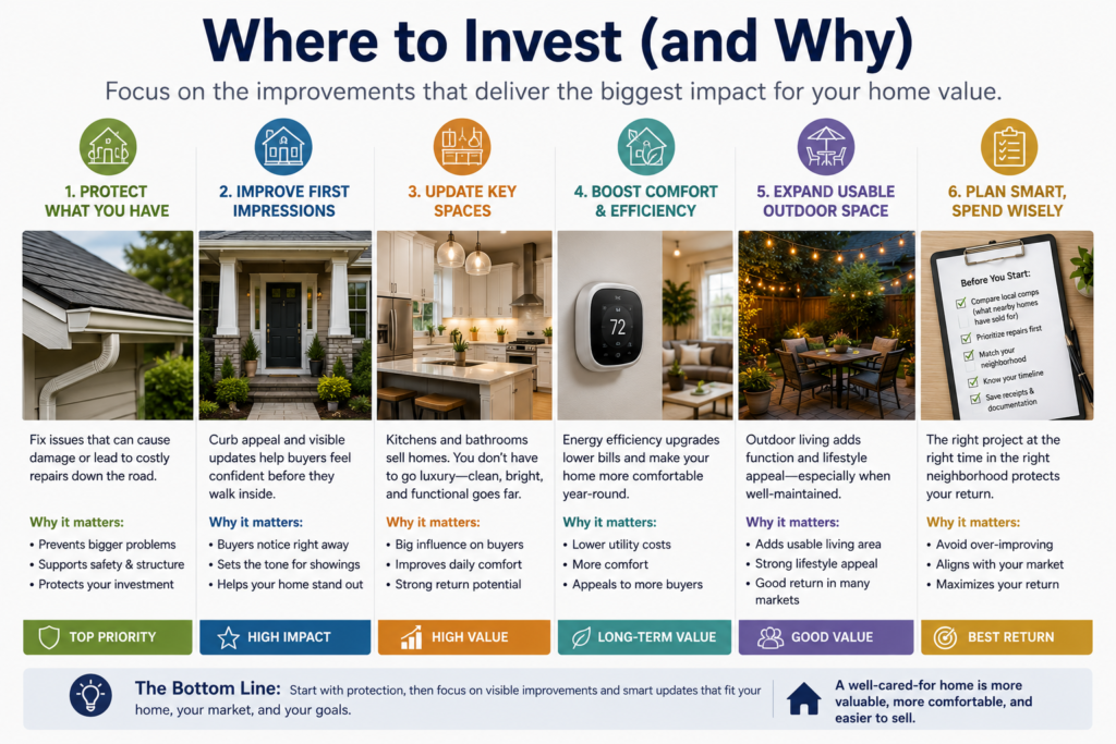 Home value priority guide showing where to invest in repairs, curb appeal, kitchens, energy efficiency, outdoor space, and smart planning.