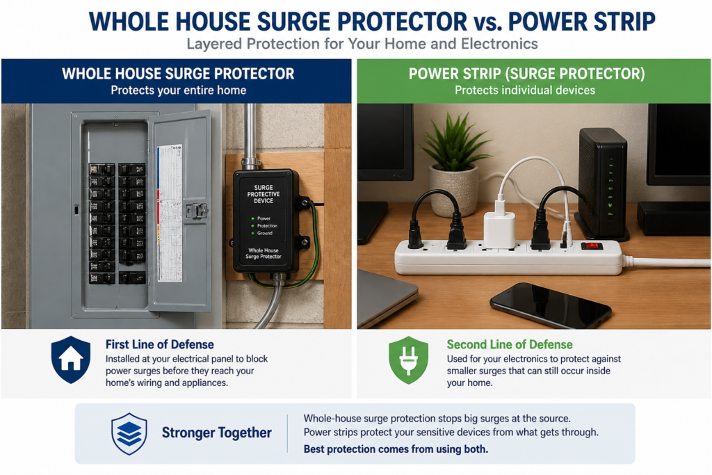 Comparison of whole house surge protector and plug-in surge protector for layered home protection.