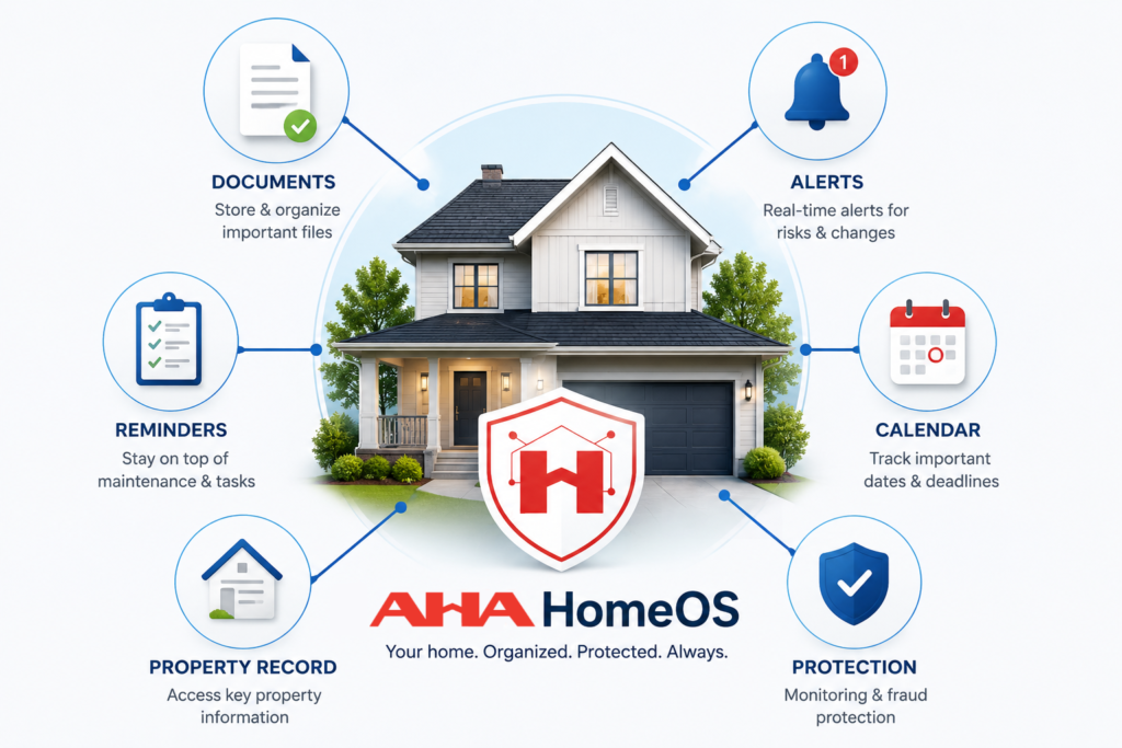 Illustration of AHA HomeOS organizing property alerts, documents, reminders, and home records.