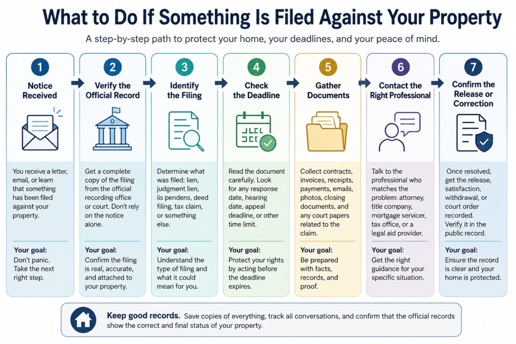 Seven-step guide for homeowners after a lien or other claim is filed against their property, from verifying the record to confirming its release.