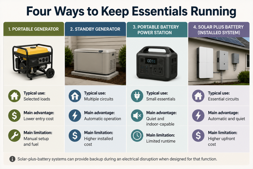 Comparison of portable generators, standby generators, portable batteries, and installed home batteries for backup power.