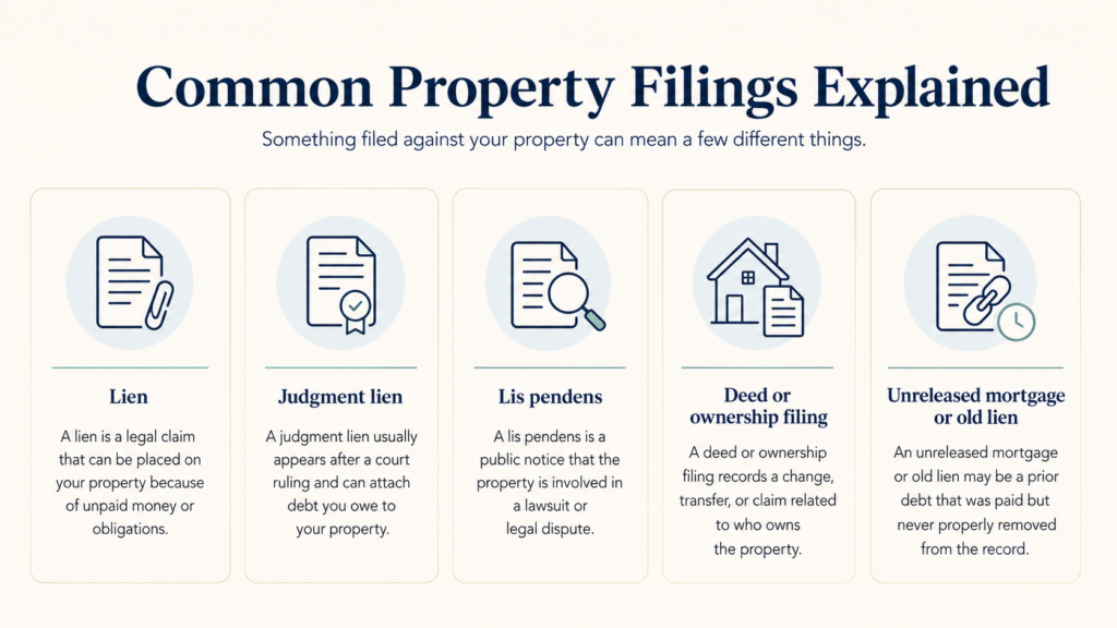 Comparison of common property filings, including liens, judgments, lis pendens, deed filings, and unreleased mortgages.