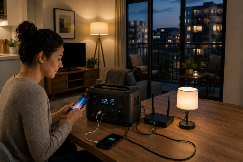 Condo resident using a portable battery power station to operate lights, communications equipment, and other essentials during an outage.