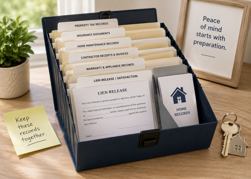 Recorded lien release and organized property documents stored with a house key.