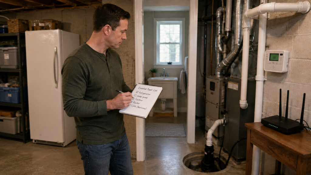 Homeowner identifying a refrigerator, sump pump, heating system, and other essential loads to keep operating during a power outage.