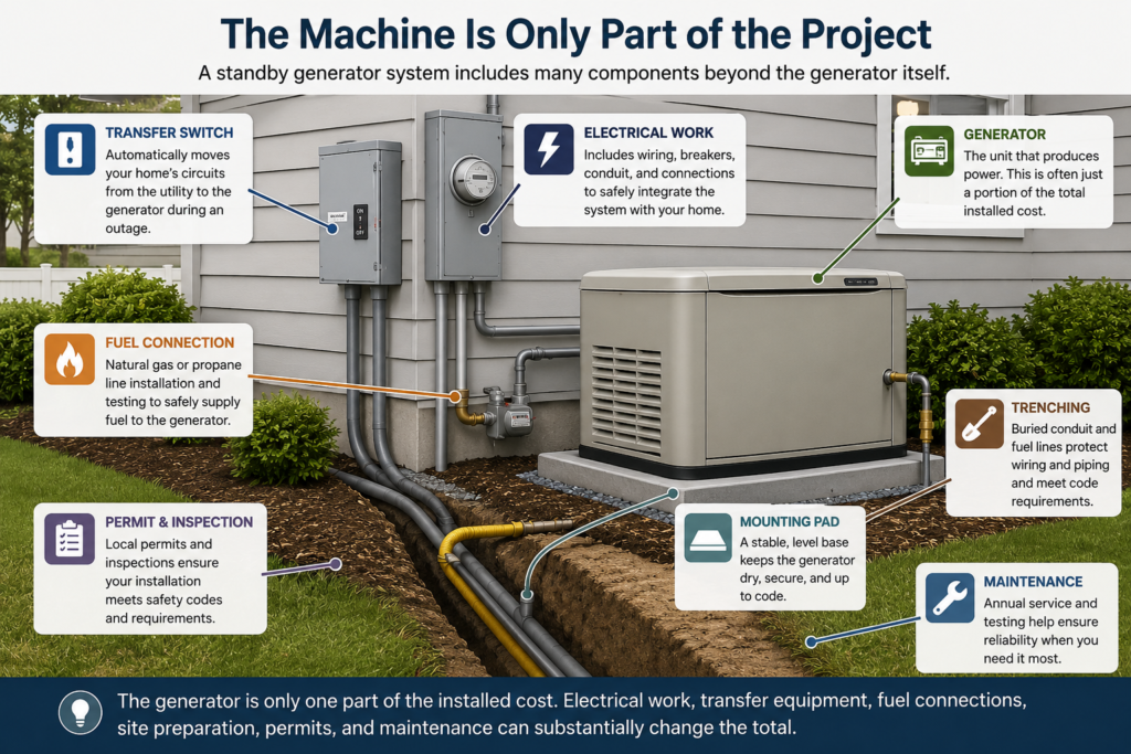 Illustration of a standby-generator installation with transfer equipment, electrical work, fuel connection, equipment pad, and trenching labeled.