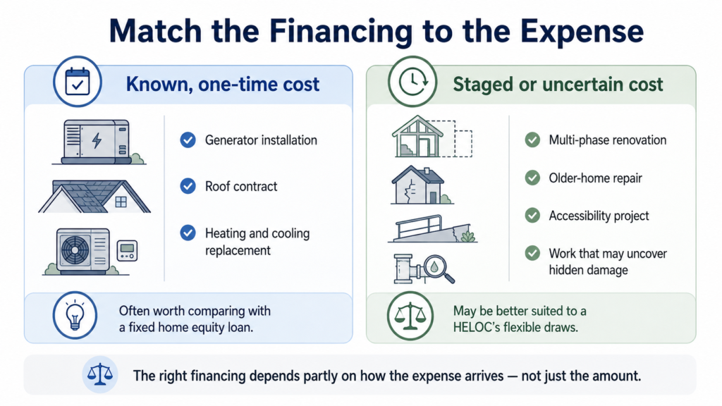 heloc_fits_expense Comparison of one-time home project costs and staged project costs when choosing financing.