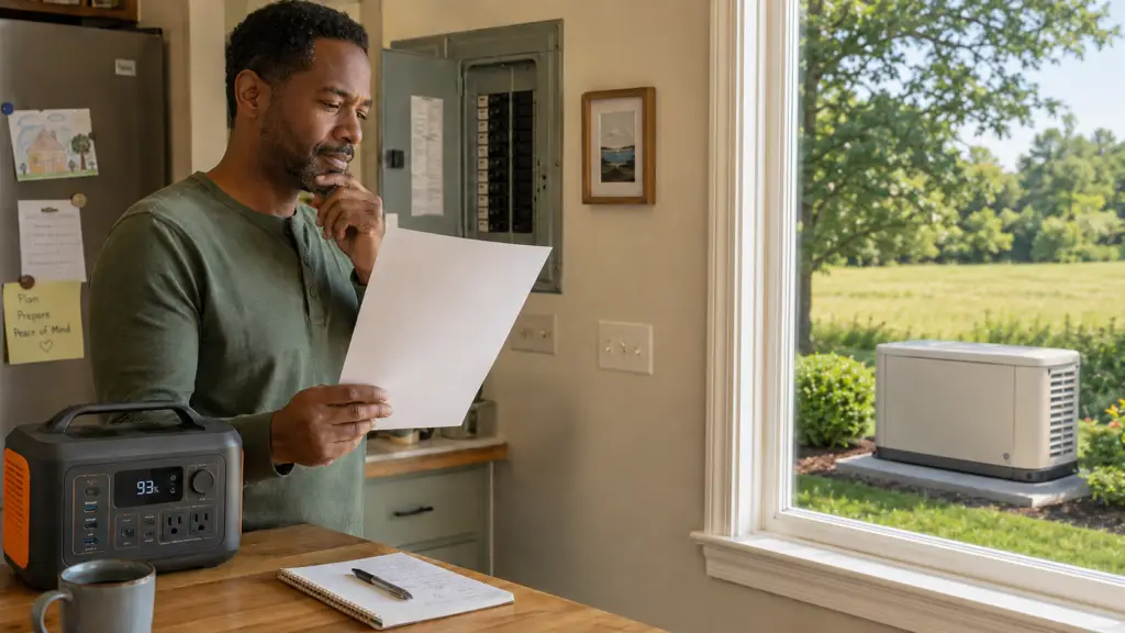 Homeowner comparing generator and battery backup options while making a list of essential appliances to power during an outage.