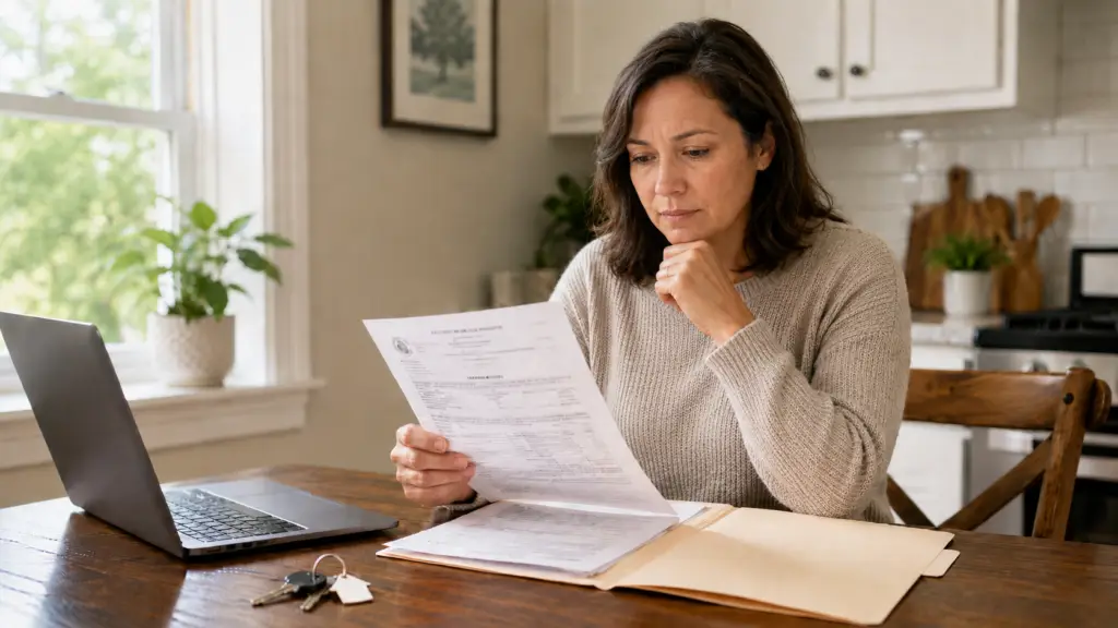 Homeowner reviewing an unexpected property lien or legal filing at a kitchen table.