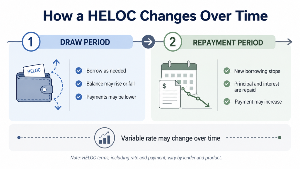 how_a_heloc_works Diagram showing the draw period and repayment period of a home equity line of credit.