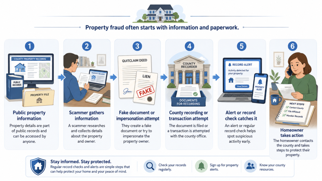 Diagram showing how property fraud can move from public records to a suspicious filing or impersonation attempt.