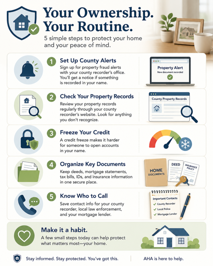 Four-step ownership protection routine showing county alerts, property record checks, credit freeze, and document organization.