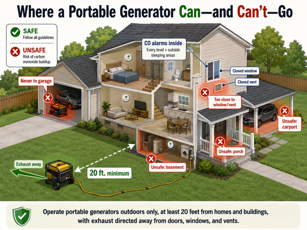 Diagram showing a portable generator operating outdoors at least 20 feet from a house with exhaust directed away from windows, doors, and vents.
