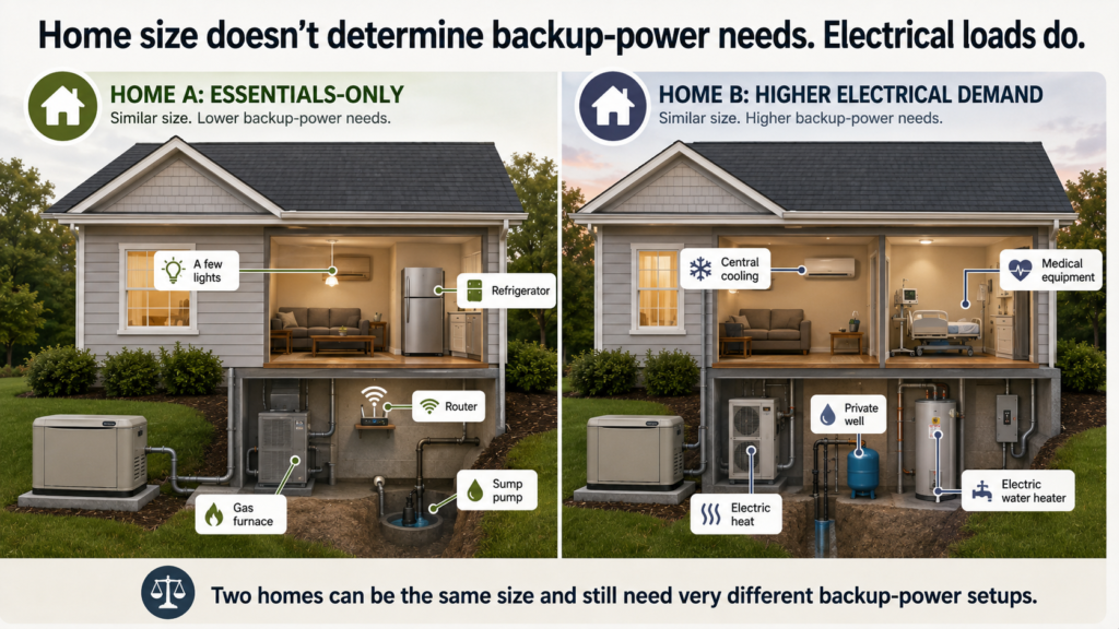 Comparison of two similar-size homes with different essential electrical loads and backup-power needs.