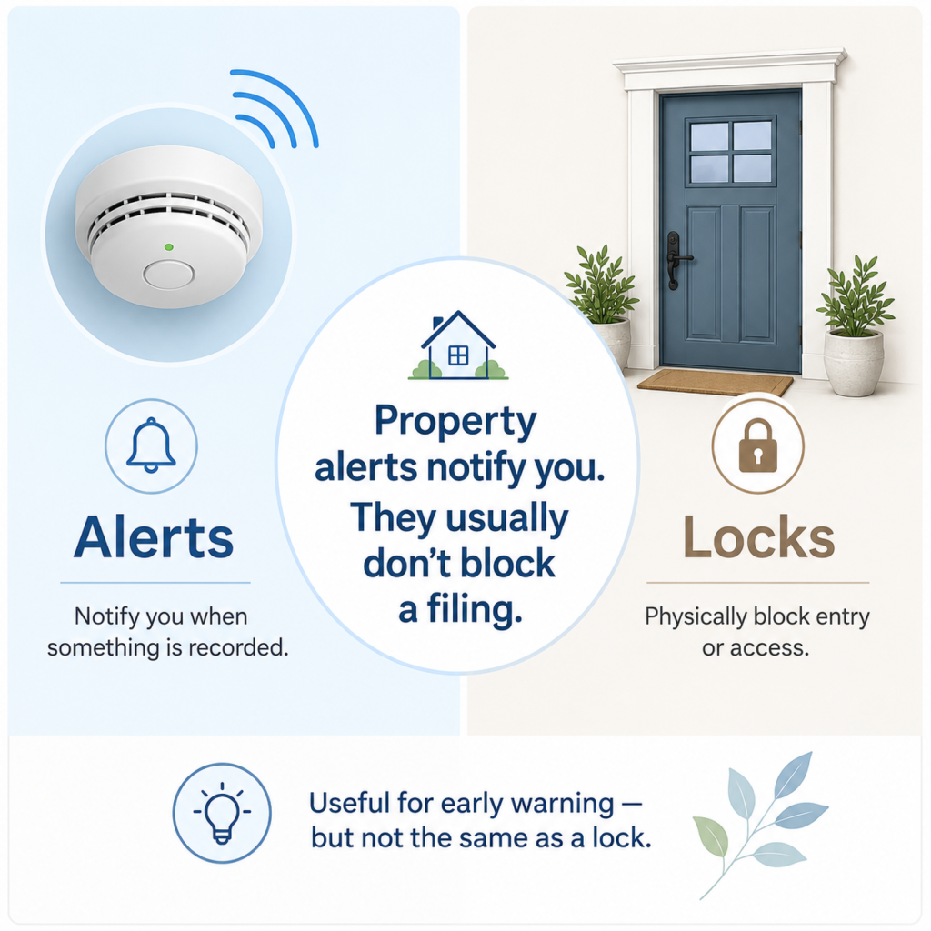 Graphic comparing property fraud alerts to smoke detectors, explaining that alerts notify but do not block filings.