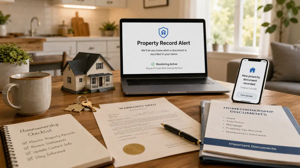A house key, property documents, and a digital alert on a laptop representing property fraud protection.