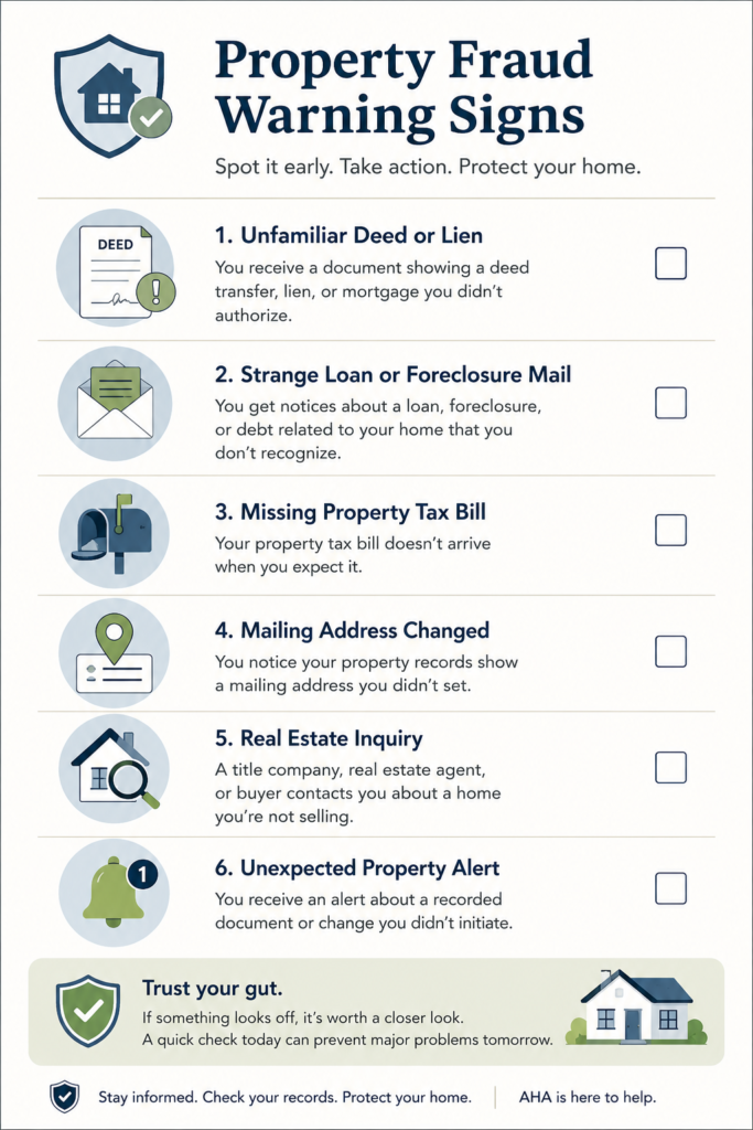 Checklist of warning signs of property fraud, including unfamiliar liens, strange loan notices, and unexpected address changes.