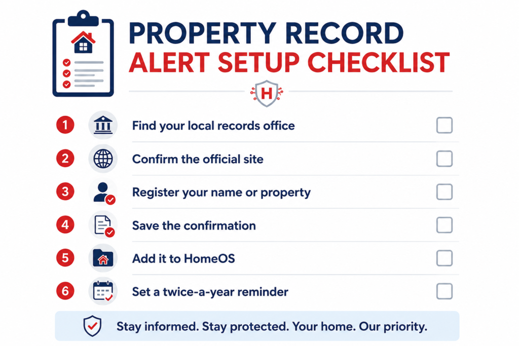A checklist graphic titled "Property Alert Setup Checklist" with steps.